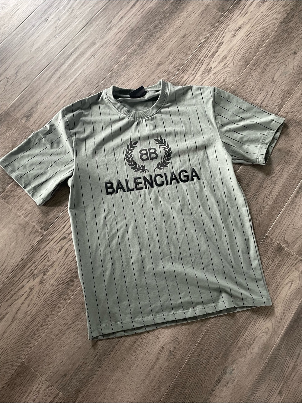 Balenciaga Light Sage Green Pinstripe Logo Tee